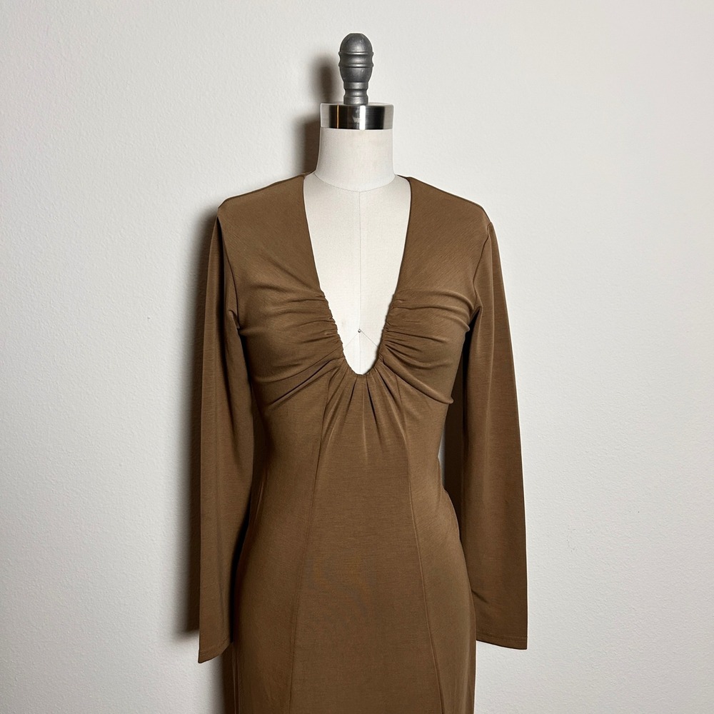NWT Dolan Left Coast Long Sleeve Plunge Knit Maxi Dress XXS Brown Stretch Maxi